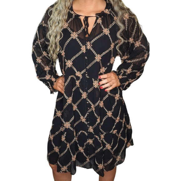 Johnny Was Dresses & Skirts - Johnny Was Dress XL Black Orange Sheer Embroidered Mock Neck Ruffle Button NEW